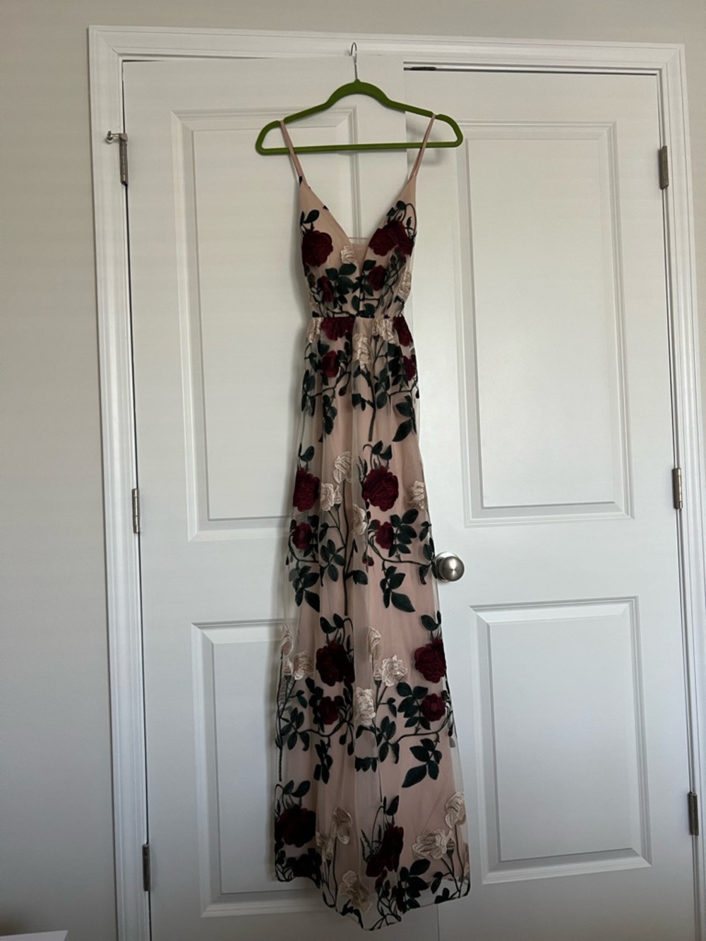 Blush Floral Embroidered Maxi Dress with Burgundy Roses